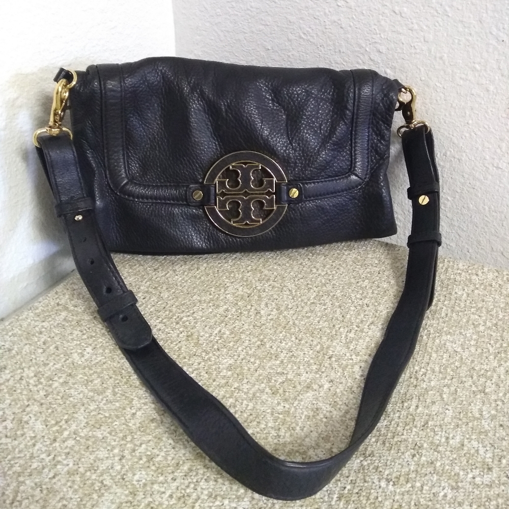 Tory Burch Black Pebbled Leather Foldable Bag